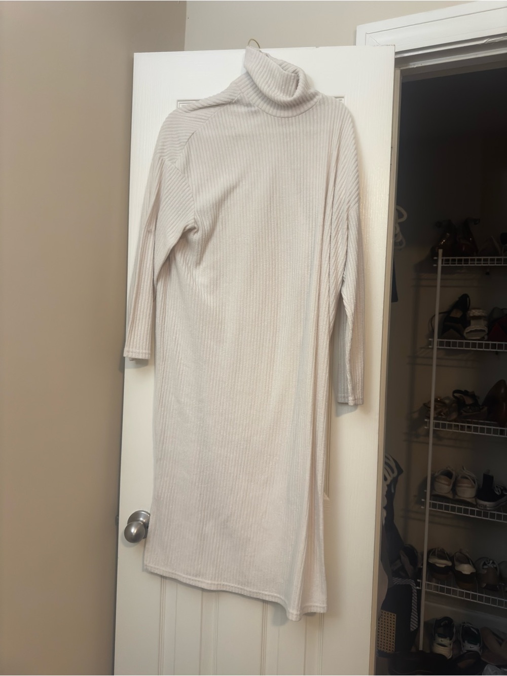 Turtleneck Rib-Knit Sweater Dress - Cream